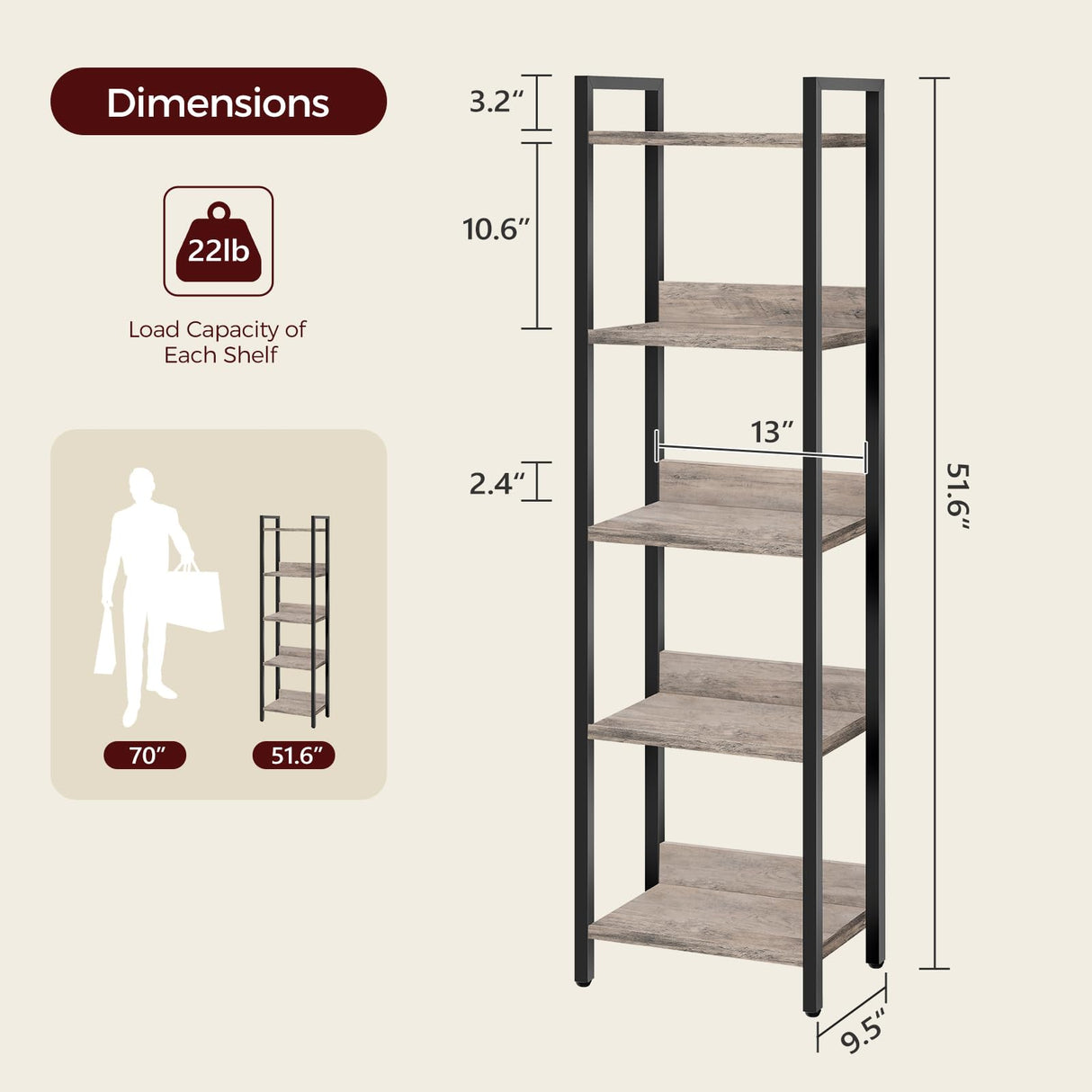 MAHANCRIS Bookshelf, 5-Tier Bookcase, Standing Book Shelf for Small Space, Storage Shelf Organizer, for Living Room, Bedroom, Study, Balcony, Greige and Black BKHG5501 MAHANCRIS
