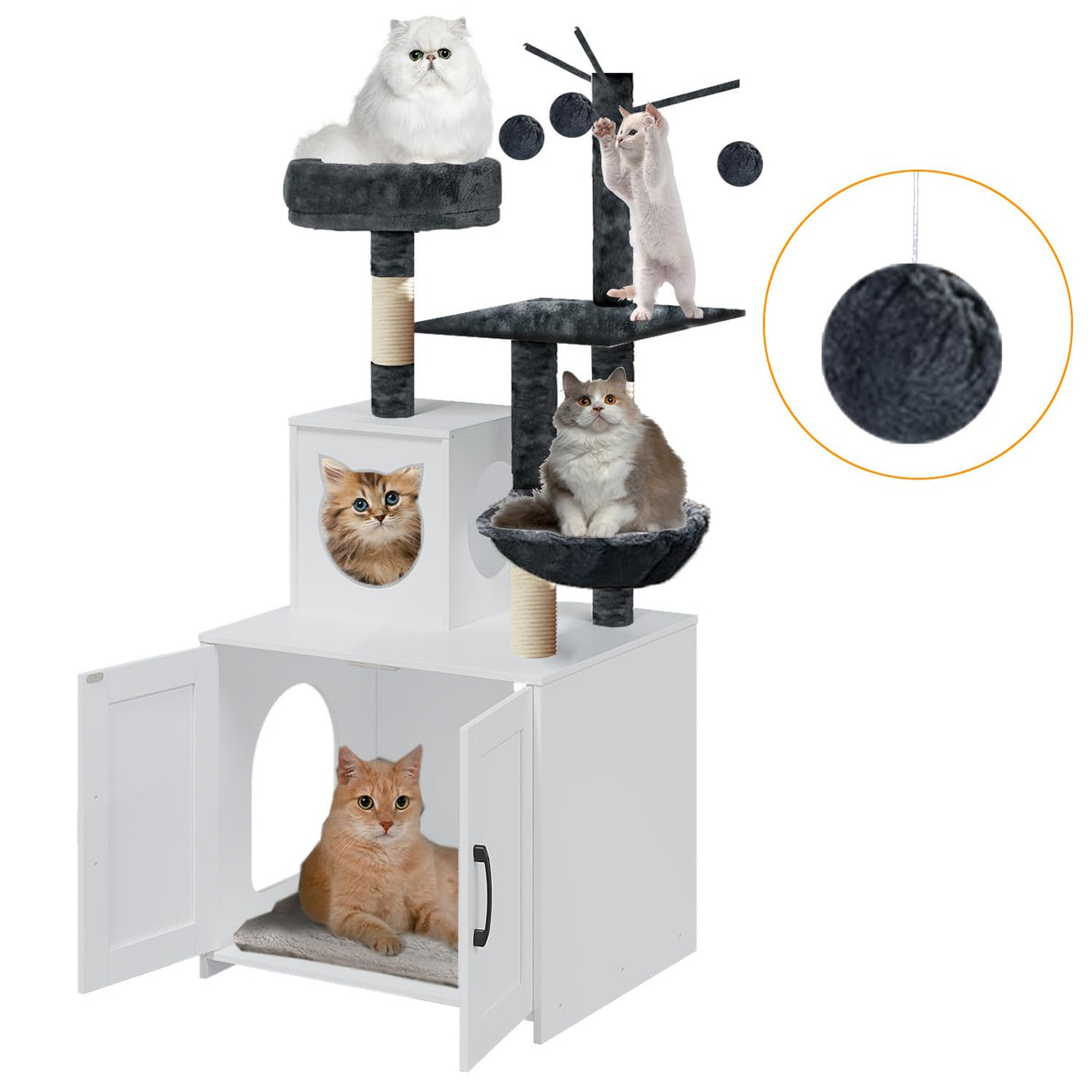 Cat Tree with Litter Box, Wood Litter Box Enclosure with Food Station, Modern Cat Tower for Indoor Large Cats with Large Platform,Cat Condo with Scratching Posts, Hammock, Caves, Basket,White Gaalloopyger