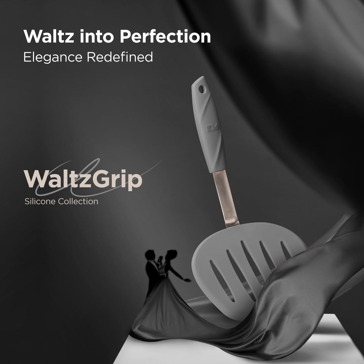 Kitchen Mama WaltzGrip Platinum Silicone Pancake Spatula Turner: Heat-Resistant, Slotted Tapered Head, Stainless Steel Core, Durable, Dishwasher-Safe, Ideal for Flipping and Wok Use (Metal Gray) Kitchen Mama