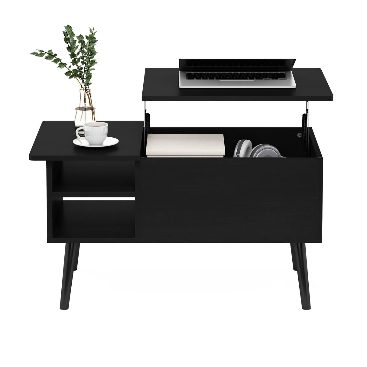 Furinno Jensen Living Room Wooden Leg Lift Top Coffee Table With Hidden Compartment and Side Open Storage Shelf, Americano Furinno