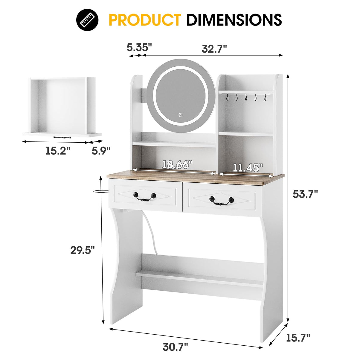 Vabches Vanity Desk with Mirror and Lights, Makeup Vanity Desk with Charging Station, 3 Lighting Modes & Adjustable Brightness Dressing Table with 2 Drawers for Bedroom Dressing Room Vabches