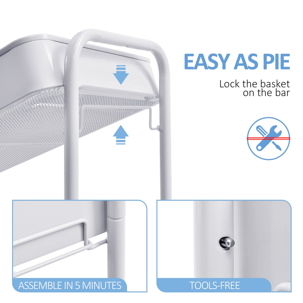 TOOLF 3-Tier Rolling Cart with Table Top, Metal Storage Cart on Wheels, Utility Organizer with Wooden Tray, Lockable Casters, Easy Assembly for Bathroom, Living Room, Office, Kitchen, White TOOLF