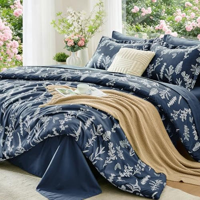 MUXHOMO Navy Blue Bed in a Bag Queen 7 Pieces, Queen Comforter Set Reversible Botanical Flowers Design, Ultra Soft & Breathable Bedding Sets with Comforter, Sheets, Pillowcases & Shams