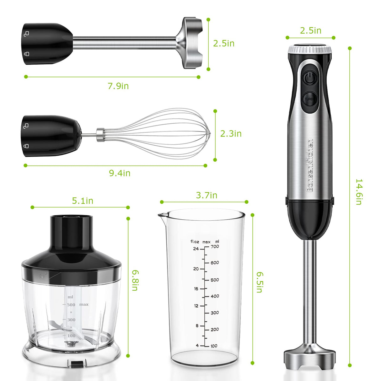 Bonsenkitchen Immersion Blender, 20 Variable Speeds & Turbo, 4-In-1 Stainless Steel Handheld Blender Stick Mixer with Egg Whisk, Beaker & Chopper Bowl Bonsenkitchen