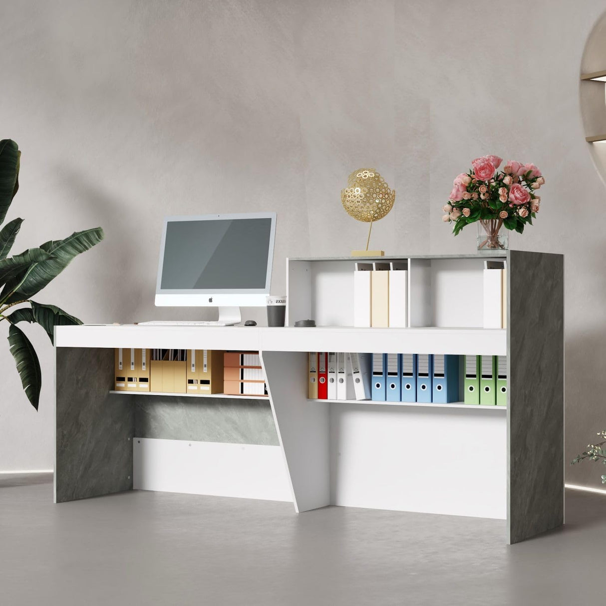 FAMAPY Reception Desk with Shelves, Modern Reception Table with Storage, Front Counter Checkout Table Retail Counter for Lobby Shop, White and Grey, 23.6”D x 86.6”W x 43.3”H FAMAPY