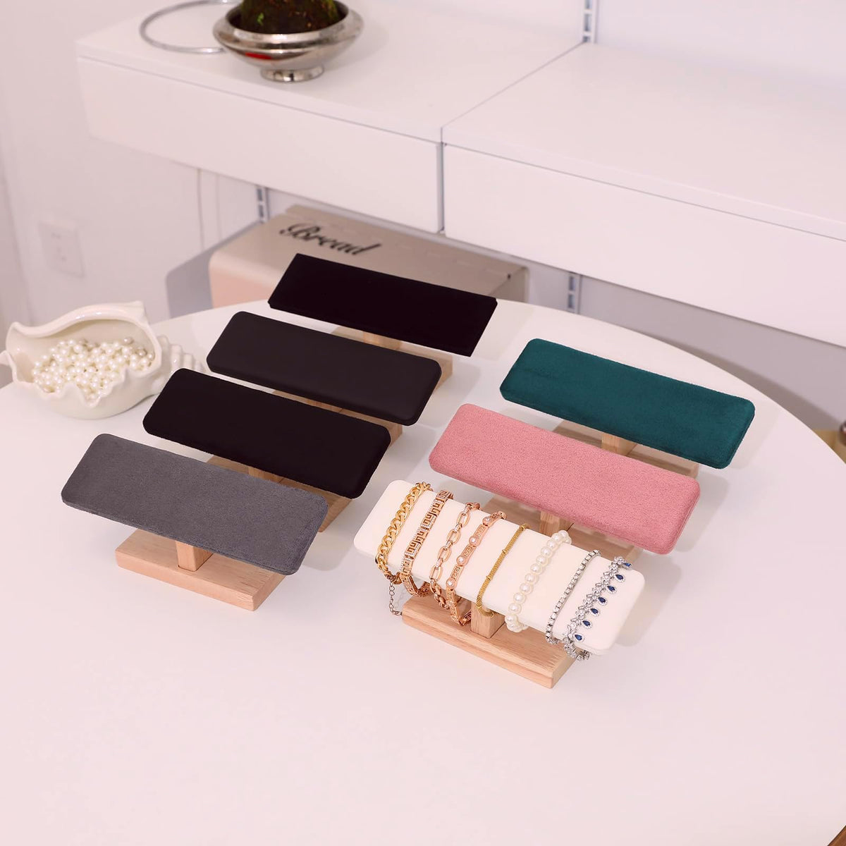 Wooden Watches Display tower Base Watch Necklace Bracelet Organizer Rack Bangle Scrunchie Headband Showcase tower (Dark Grey Suede, Flat single-layer) RQQM