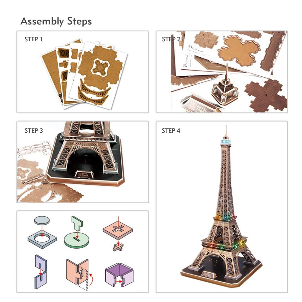 CubicFun 3D Puzzle for Adults Eiffel Tower with Shining LED Lights, Romantic Paris Architecture Model Building Kits Decor, Gift for Women Men, 84 Pieces CubicFun