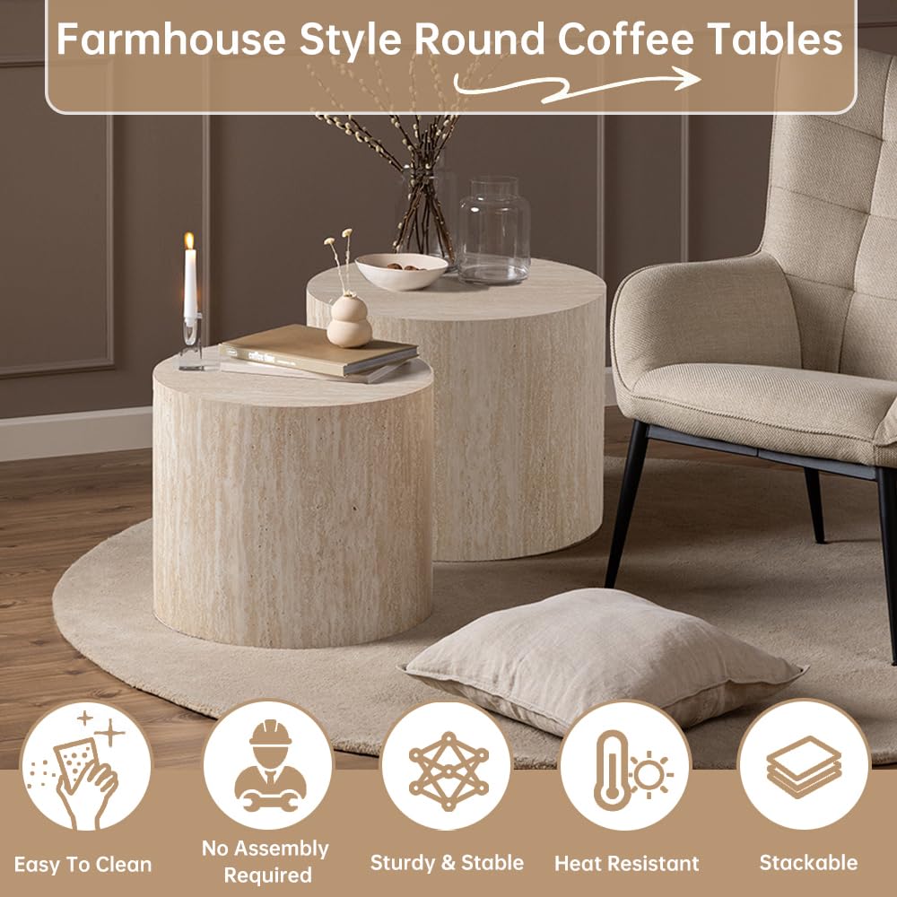 Round Nesting Coffee Table Set of 2 Modern Small Round Coffee Table Travertine Side Table Small Round End Table Circular Coffee Table Circle Nested Coffee Table for Living Room (Travertine) YYZIWYUN