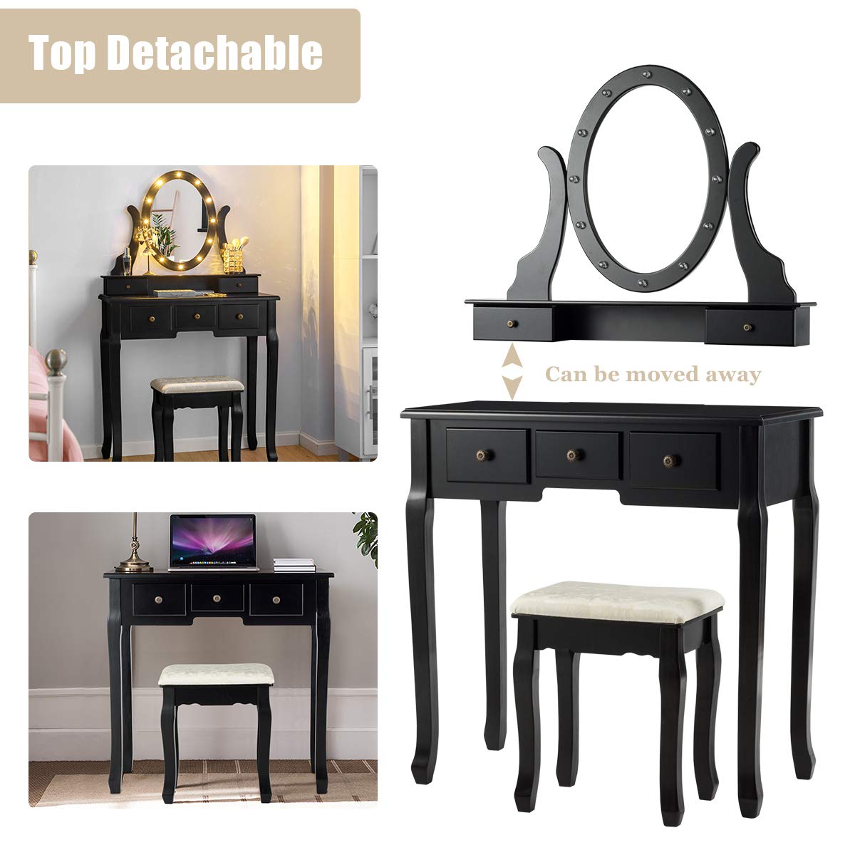Giantex Vanity Table Set with 12 Lights Mirror, Bedroom Makeup Dressing Table with 360° Rotating Oval Mirror, 5 Drawers and Shelf, Modern Makeup Table with Cushioned Stool for Girls Women (Black) Giantex