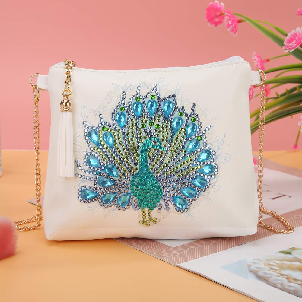 Diamond Painting Kits for Kids & Adult Cross-Body Handbag with Chain 5D DIY Rhinestone Cross Stitch Arts Craft Makeup Shoulder Bag Zipper for Christmas Gift Ross Beauty (Peacock) Ross Beauty