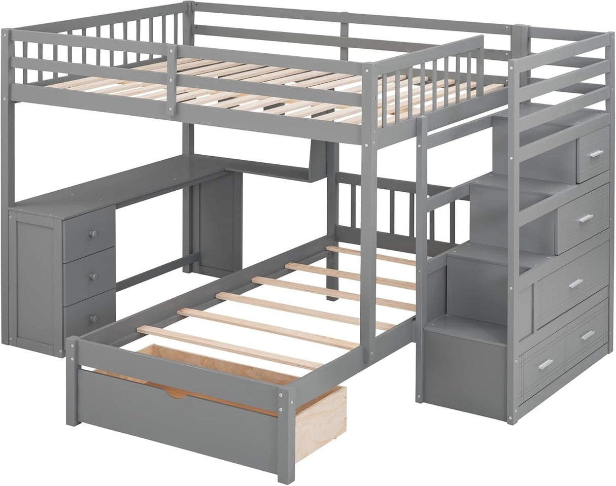MERITLINE Full Over Twin L Shaped Bunk Bed with Stairs and Desk,Solid Wood L-Shaped Bunk Bed with Storage Drawers,Shelves,Ladder,Headboard and Guardrail,No Box Spring Needed (Grey) MERITLINE