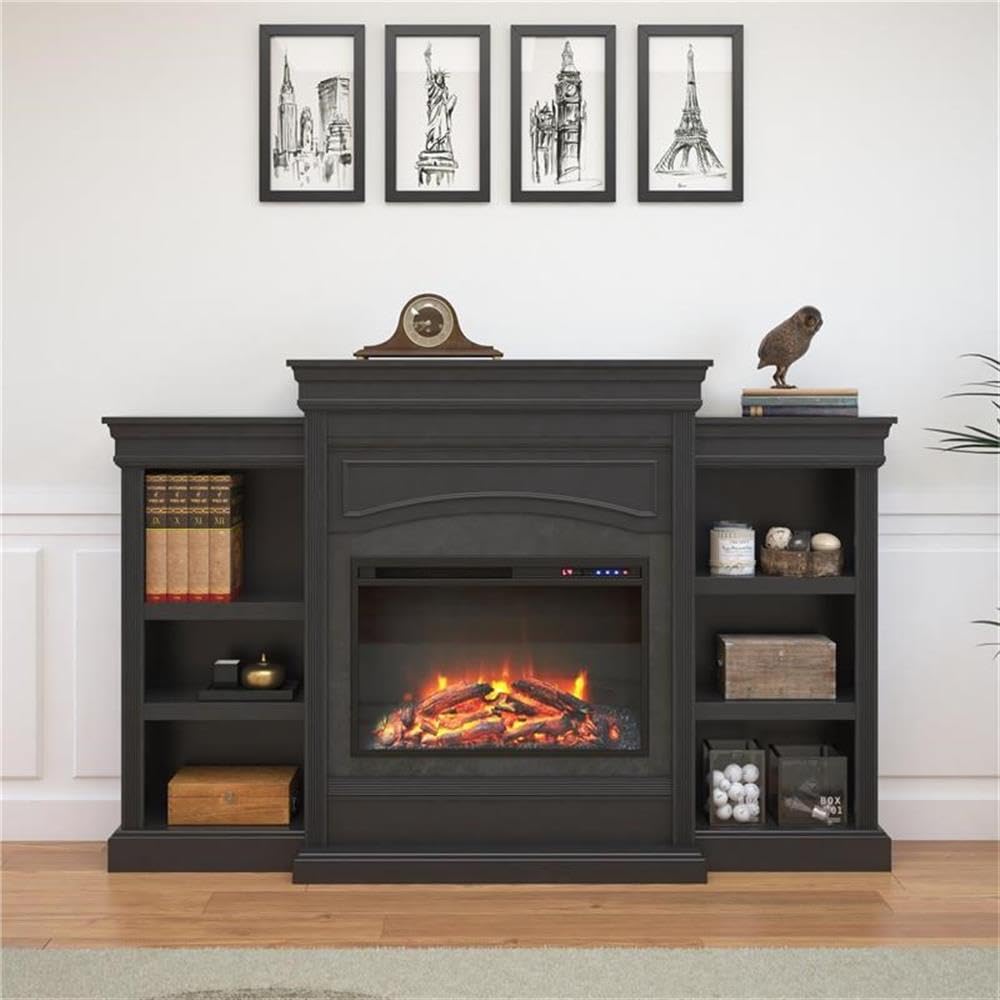 Ameriwood Home Lamont 69 Inch Electric Fireplace with Mantel, Shelves, Replaceable Fireplace Insert Heater, Remote Control, Timer, Realistic Log and Flame Effect, For Living Room or Bedroom, Black Ameriwood Home