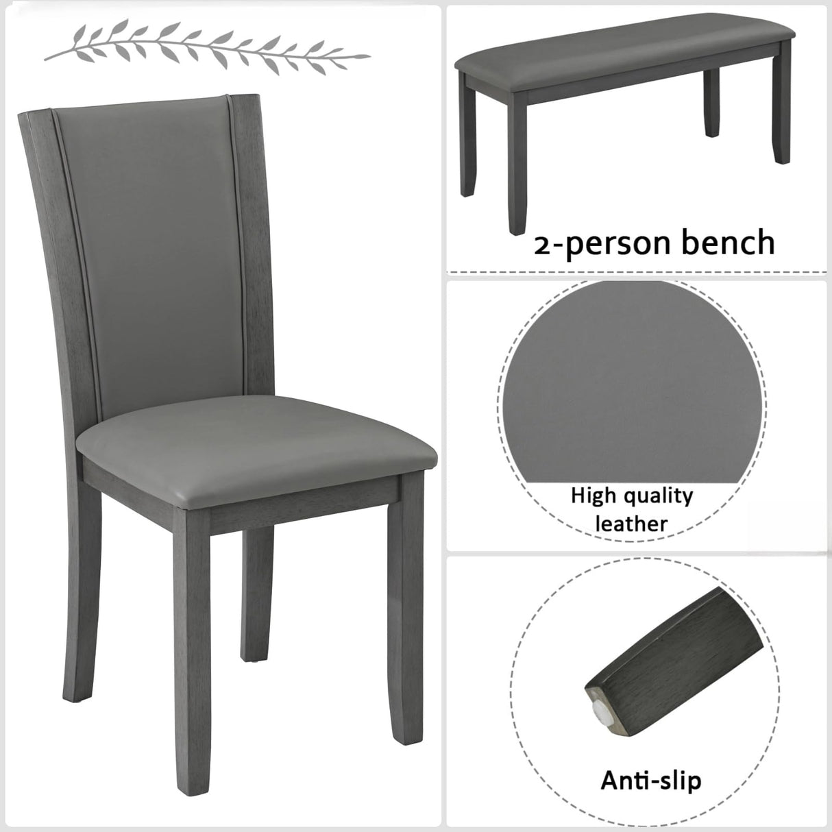 Trygoal Dining Table Set for 6, Farmhouse 6 Piece Dining Room Table Set with Rectangular Table, 4 Upholstered Backrest Chairs and Bench, Counter Height Kitchen Sets with Warm Woodgrain Finish, Gray Trygoal