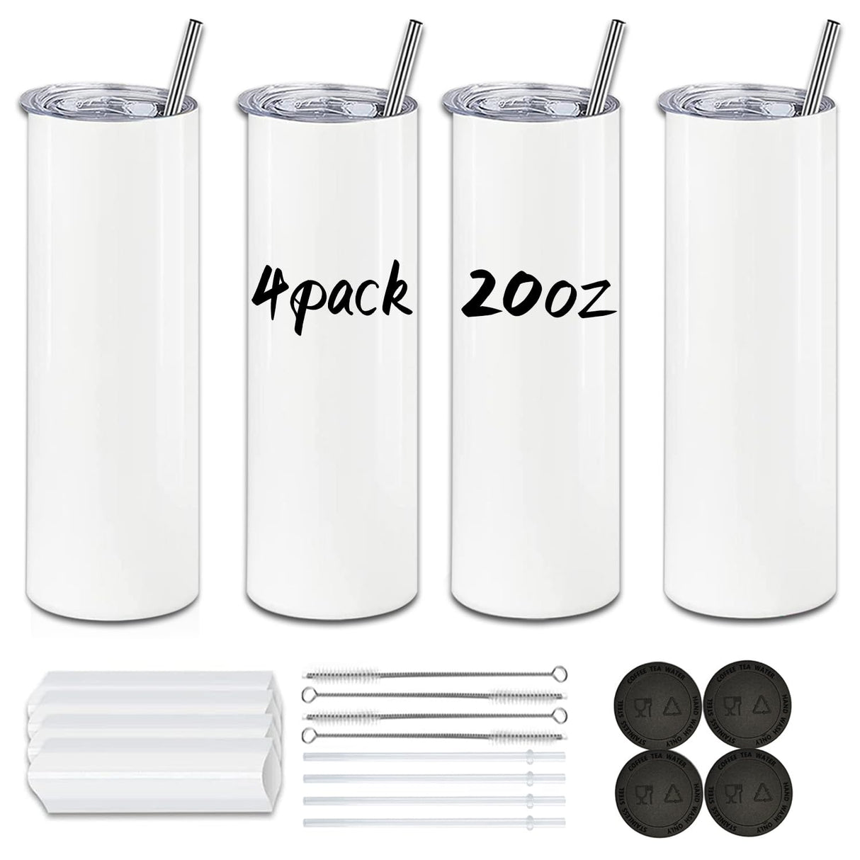 Kocdam 4 Pack Sublimation Tumblers with Lids and Straws Bulk, 20oz Sublimation Tumbler Blank, Stainless Steel Double Wall Sublimation Tumblers 20 oz Skinny, Polymer Coating for Heat Transfer Kocdam