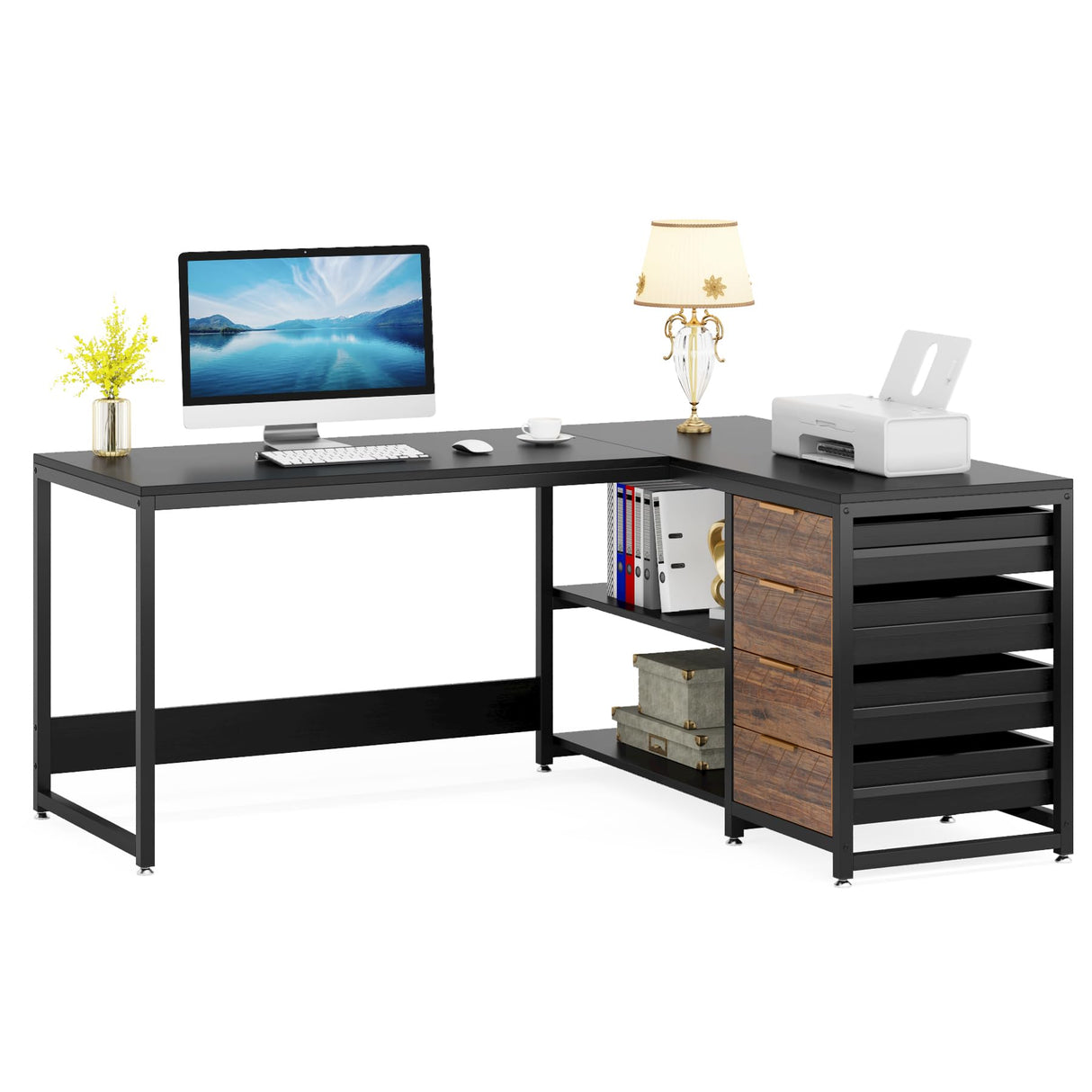 Tribesigns L Shaped Computer Desk with Storage Drawers, 59 inch Corner Desk with Shelves, Reversible L-Shaped Office Desk Study Writing Table Workstation for Home Office, Black Tribesigns