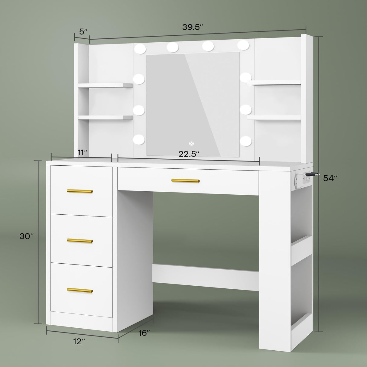 YITAHOME Vanity Desk with 22" Mirror, LED Lights and Power Outlet, Makeup Table with 4 Drawers, Adjustable 3 Lighting Colors, Vanity Table with Open Storage Shelves for Bedroom Dressing Room, White YITAHOME