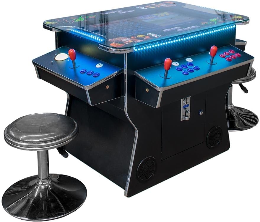 West State Gamerooms Cocktail Arcade Machine – Lift-Up Arcade Game Cabinet – Pre-Assembled 2 Player 3000 Retro Video Games Table with 26-Inch LCD Screen Track Ball and 2 Chrome Bar Stools West State Billiards