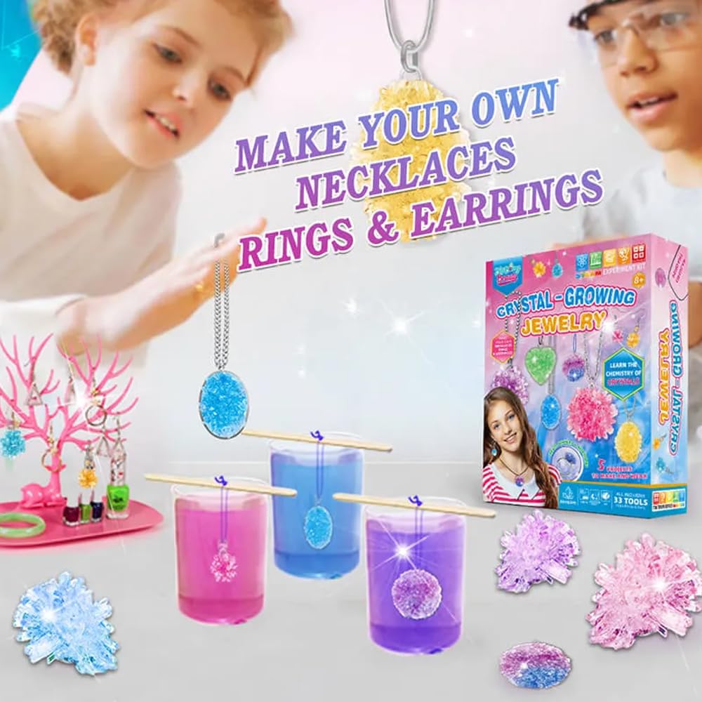 LIVEVIE Crystal Growing Jewelry Kit, Create 6 Jewelry Pieces for Kids - DIY Sparkling Pendants, Necklaces & Earrings Educational Science Kit for Hands-On Learning & Creativity LIVEVIE