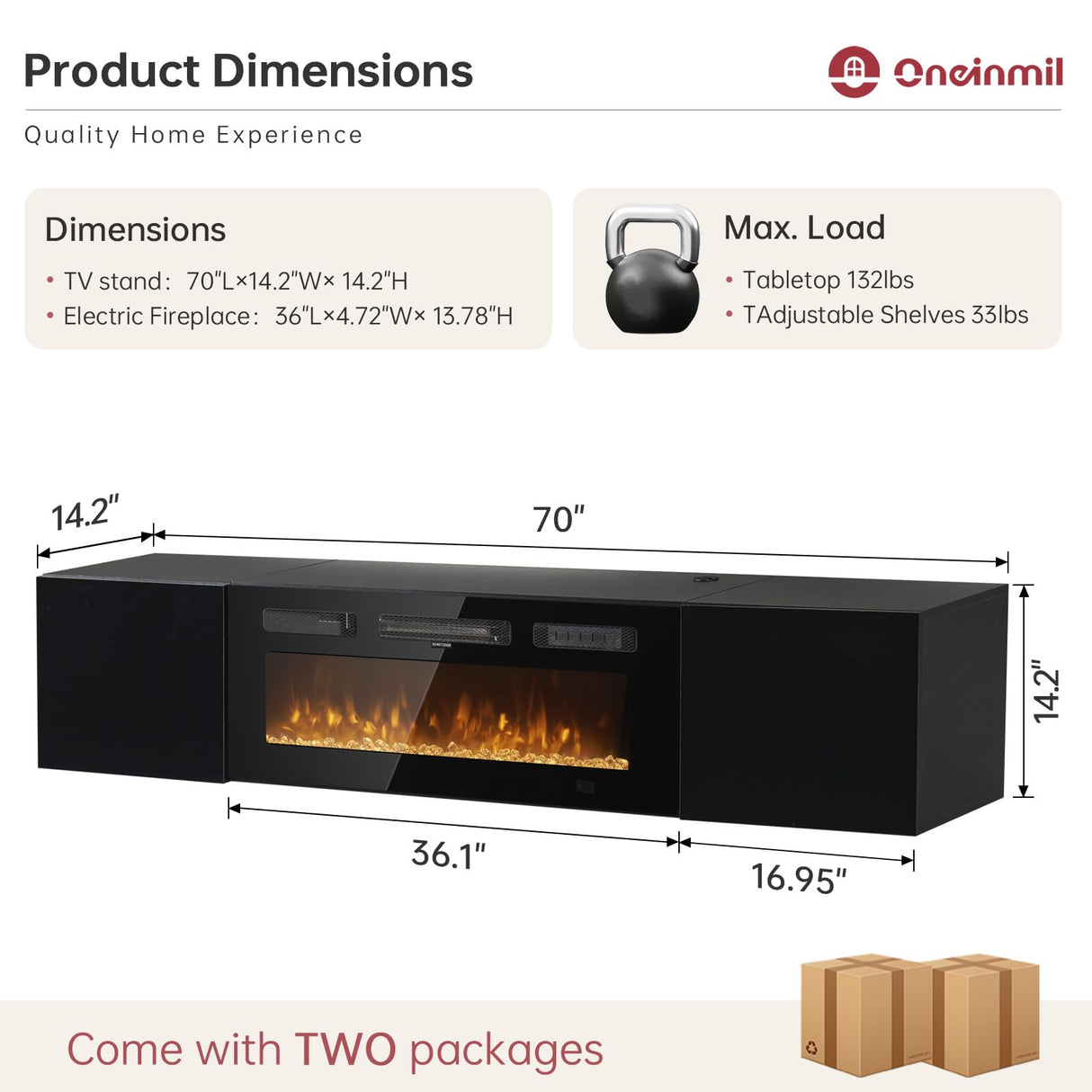 oneinmil 70" Floating TV Stand with 36" Electric Fireplace, Wall Mounted Fireplace Entertainment Center with Storage, Fire Place TV Console with, All Black oneinmil