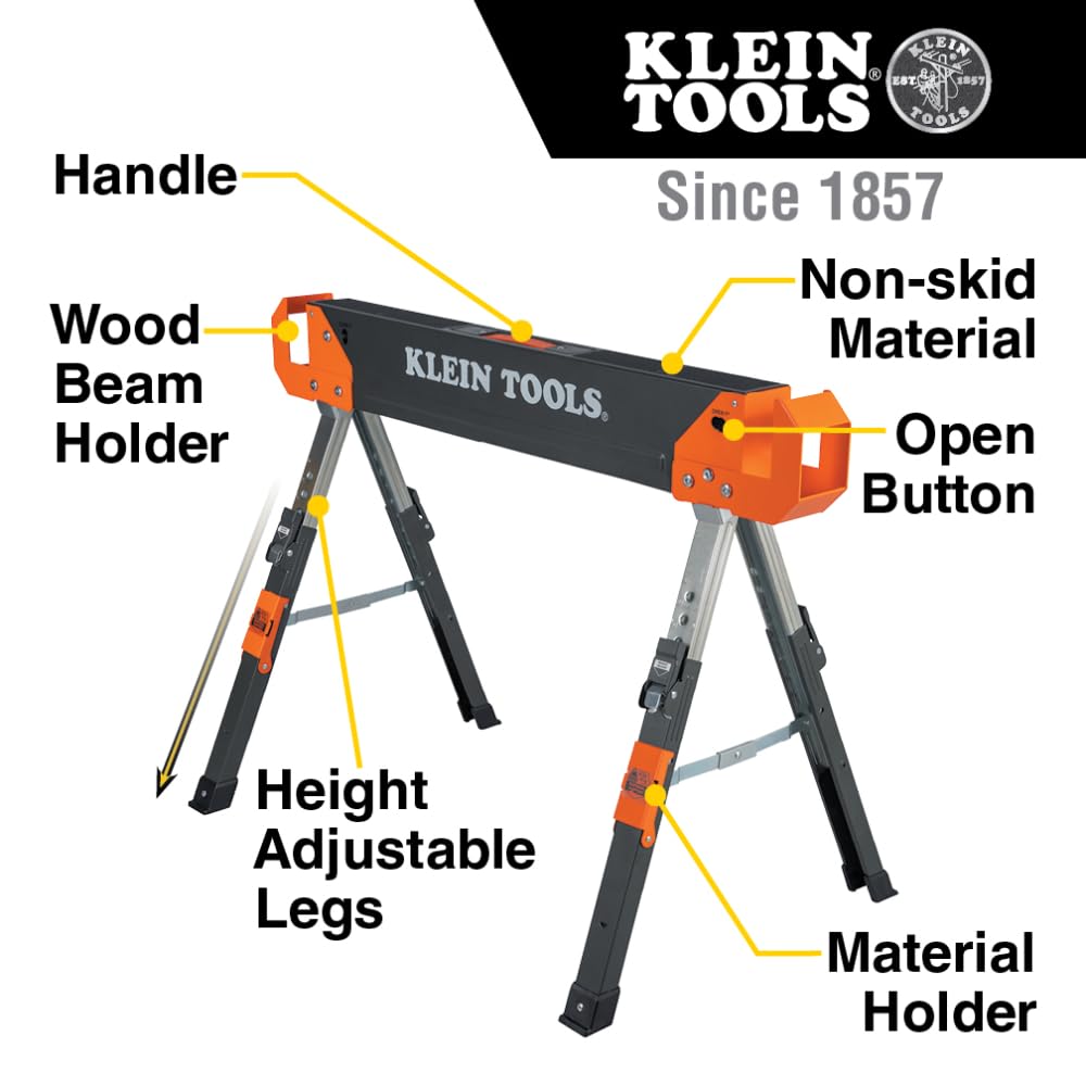 Klein Tools 66188 Folding Saw Horse, 2x4 Support Arms, 26-Inch to 32-Inch Adjustable Height, Heavy Duty Jobsite Table, 1-Pack Klein Tools