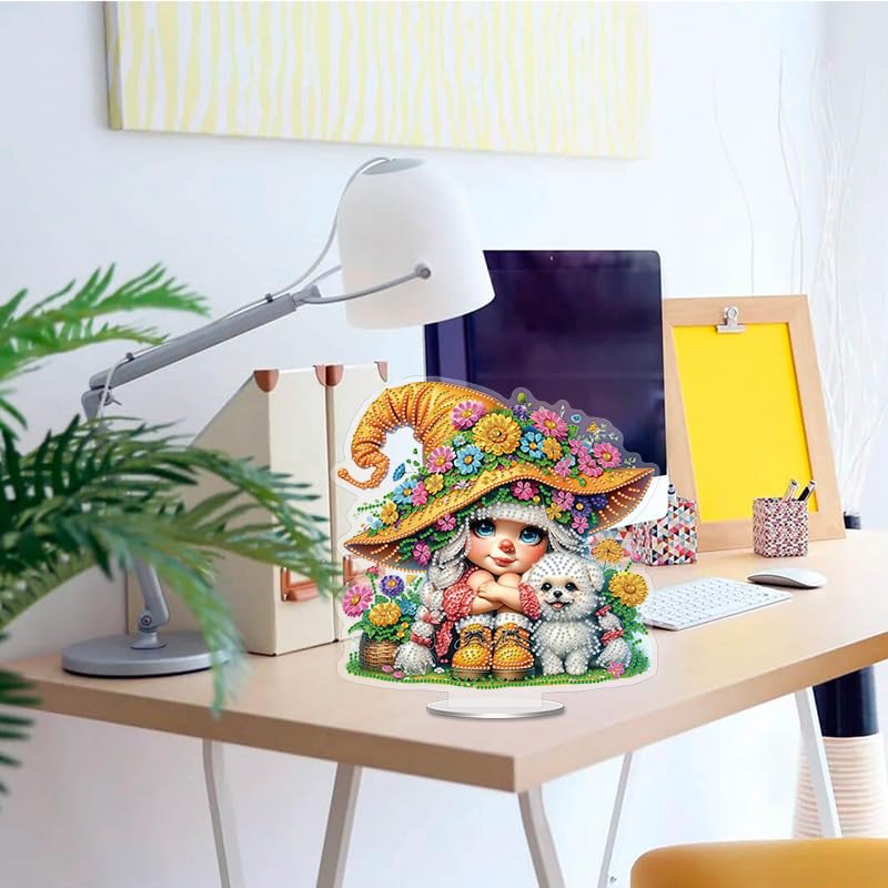 Cute Little Girl and Dog Diamond Painting Desktop Ornament Kit, 5D DIY Acrylic Crystal Special Shaped Tabletop Kawaii Diamond Art Home Decor for Adult (ZS08) WoodArtSupply
