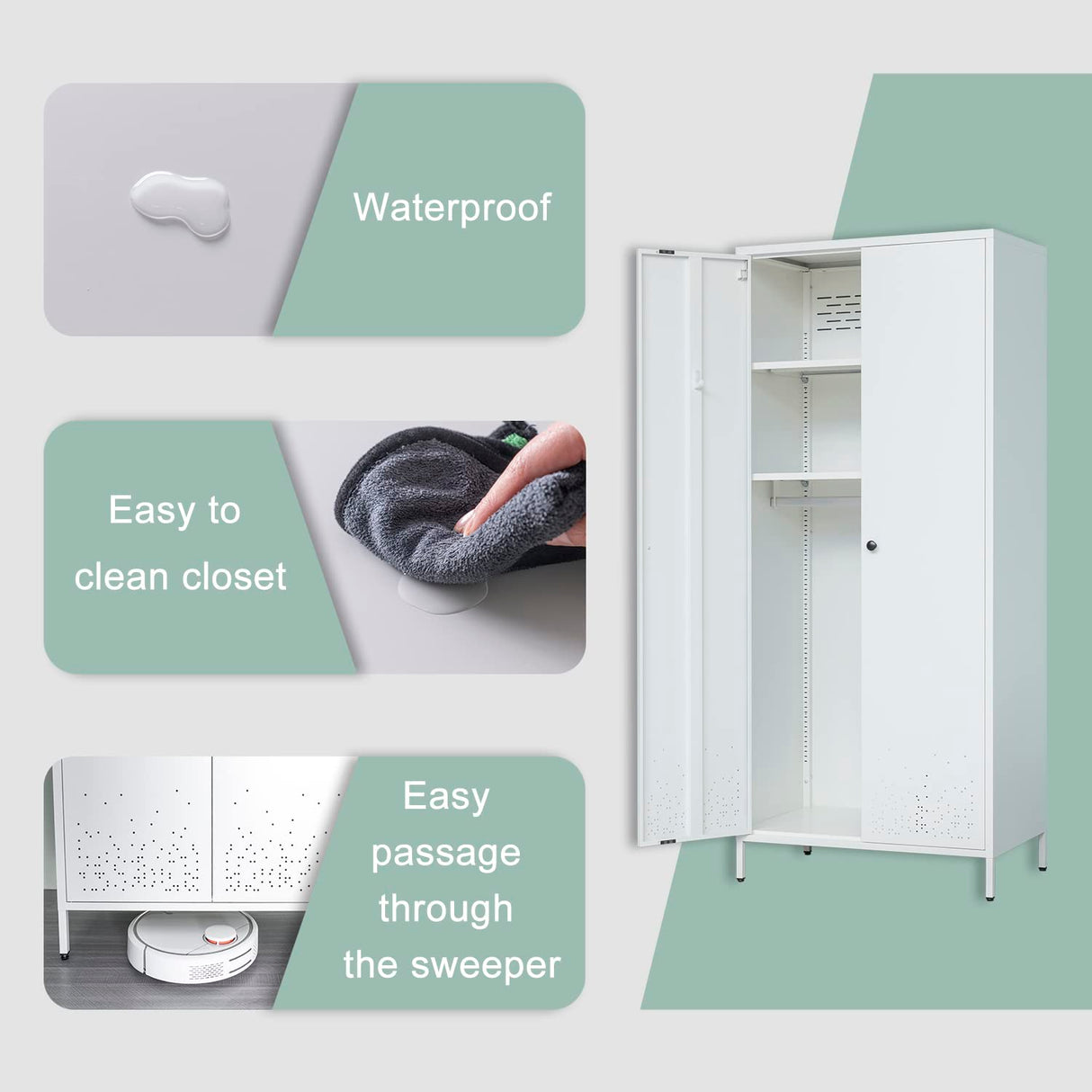 YEEZER Metal Wardrobe, Storage Cabinet with Hanging Rod,Armoire with Magnetic Door and 2 Freely Adjustable Shelves 74" H x 31.5" W x 20" D (White) YEEZER