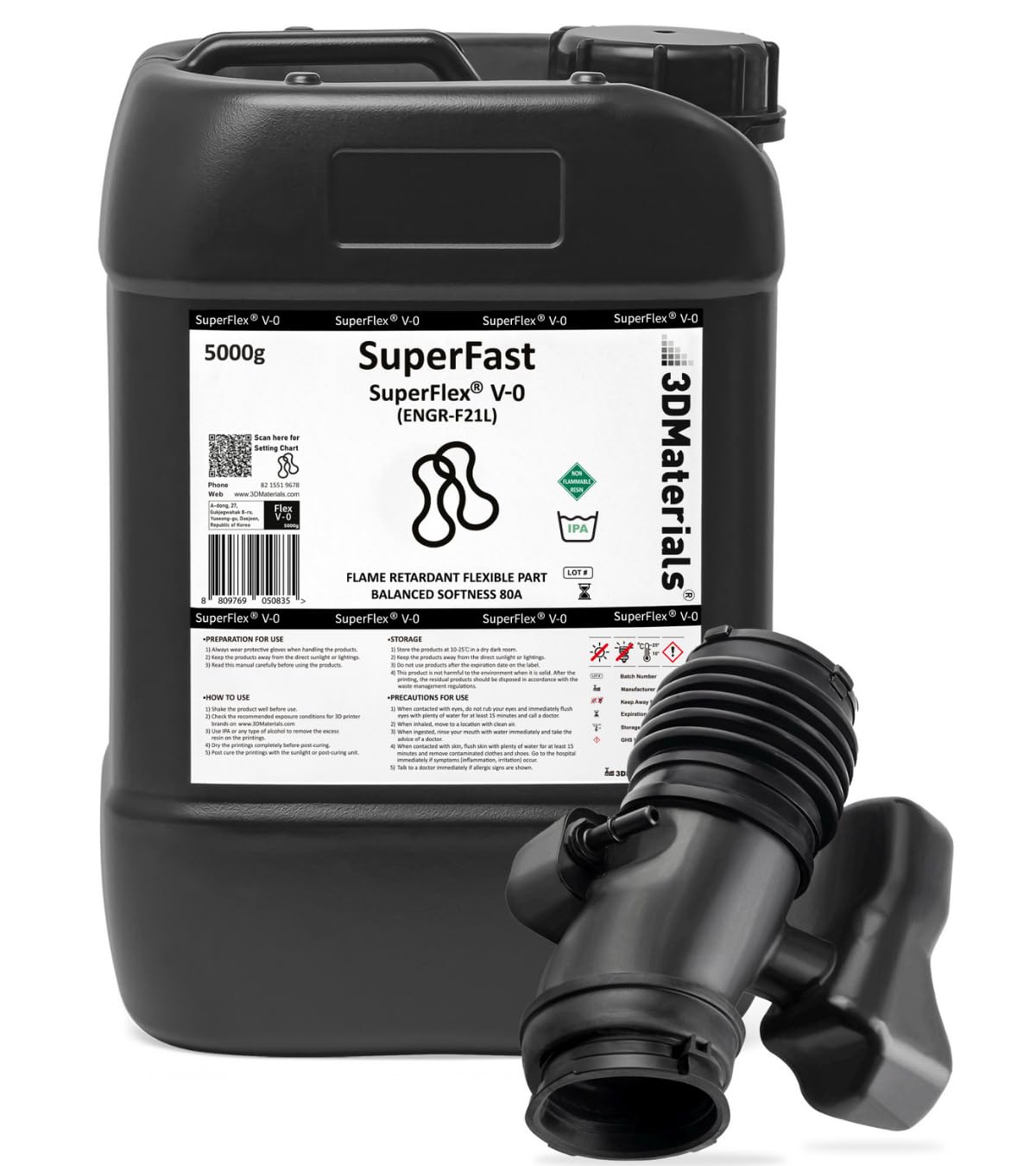 Superflex UL94 V-0, 3D Printer Resin, Flame-Retardant Parts Simulating Flexible Rubber 80A, Made in Korea by 3DMaterials (5000g, Black) 3DMaterials