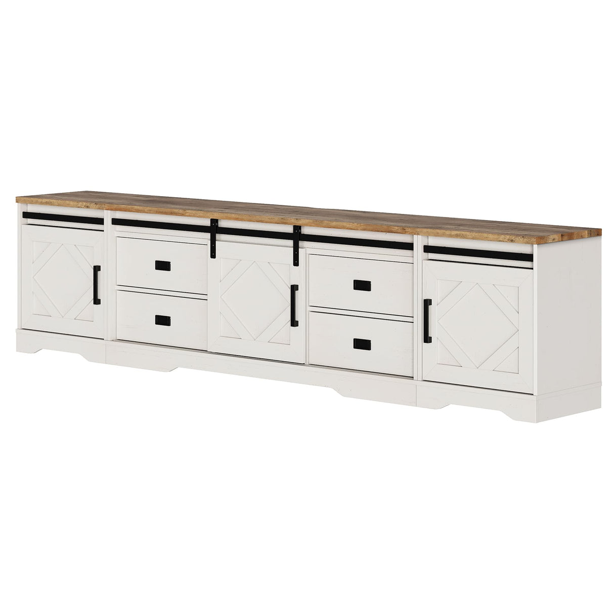 WAMPAT 98.4" Wide TV Stand for TVs up to 110",Faux Bark Finish Wood Entertainment Center with 4 Drawers and Adjustable Shelvs for Living Room,Antique White WAMPAT