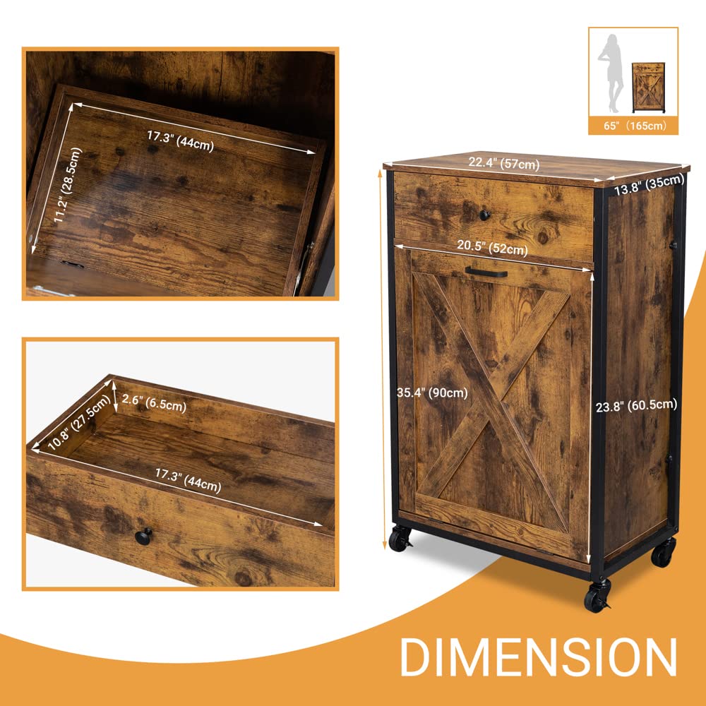 VINGLI Tilt Out Trash Cabinet, Wood Hidden Trash Can Kitchen Cabinet with Drawer, 10 Gallon Movable/Freestanding Pet Proof Storage Organizer, Laundry Basket Living Room Storage, Rustic Brown VINGLI
