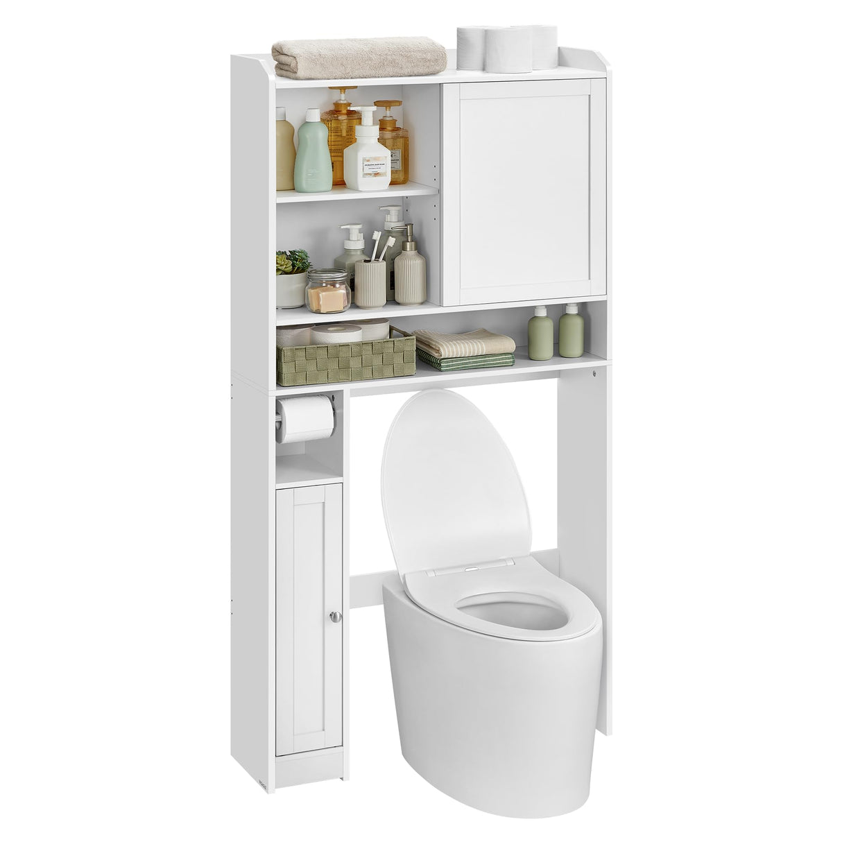 VASAGLE Over The Toilet Storage Shelf, Bathroom Storage Cabinet with Sliding Door, Adjustable Shelves, Toilet Paper Holder, Space-Saving, Modern, 9.8 x 32.7 x 66.9 Inches, Cloud White UBTS018W01 VASAGLE