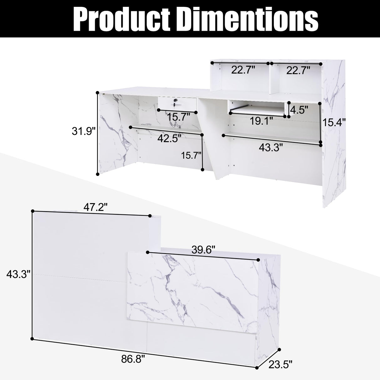 LayBurst Reception Desk,Modern Checkout Counter with Lockable Drawer,Keyboard Tray and Shelves,White Receptionist Desk for Corporate and Hotel Lobbies(23.6”D x 86.6”W x 43.3”H) LayBurst