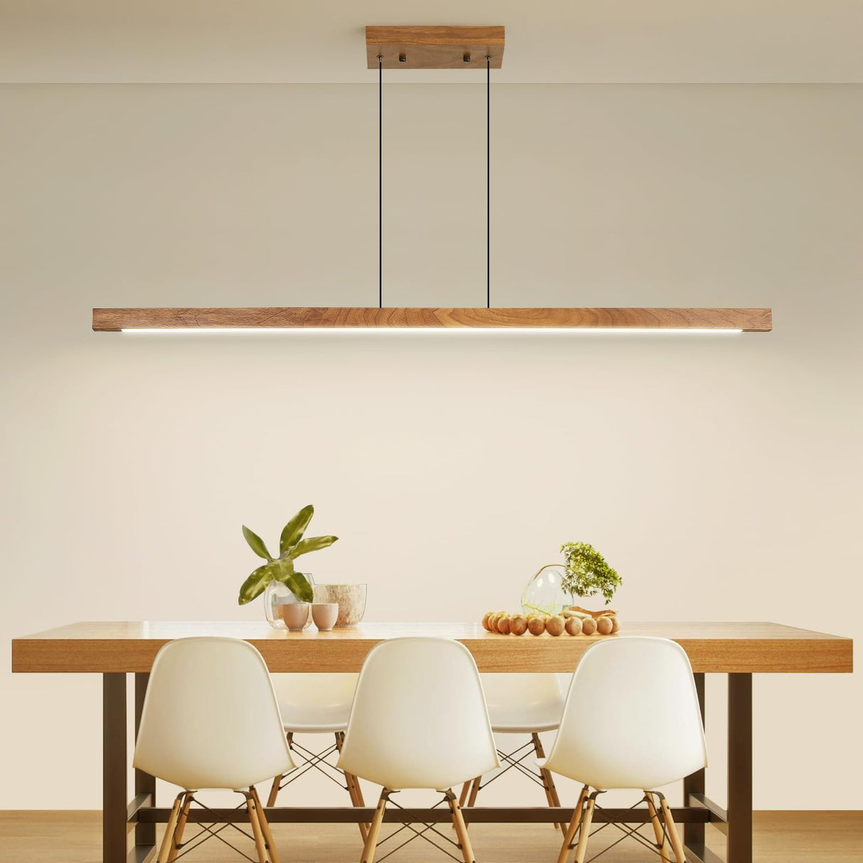 Mikeru Linear Chandelier, 47" Modern Chandelier Walnut LED Dimmable 3000k-6000k Wood LED Pendant Light, Hanging Light Fixture for Restaurant Bar Office Living Room Mikeru