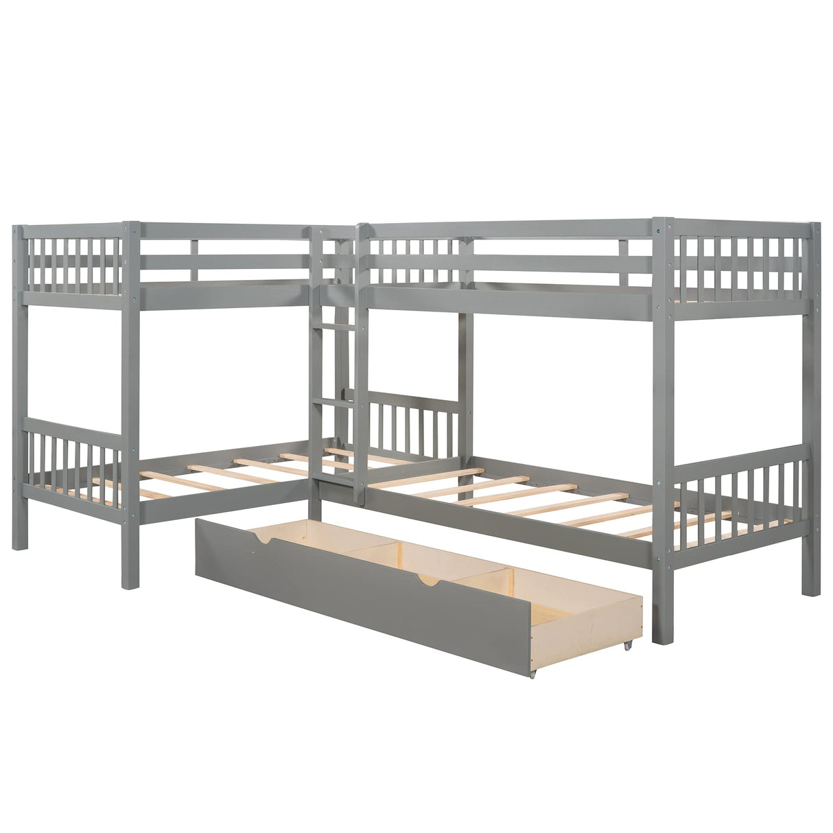 L-Shaped Bunk Beds for 4, Twin over Twin Bunk Beds with Drawers, Solid Wood Triple Bunk Bed for Kids, Teens, Adults (Gray) Bellemave