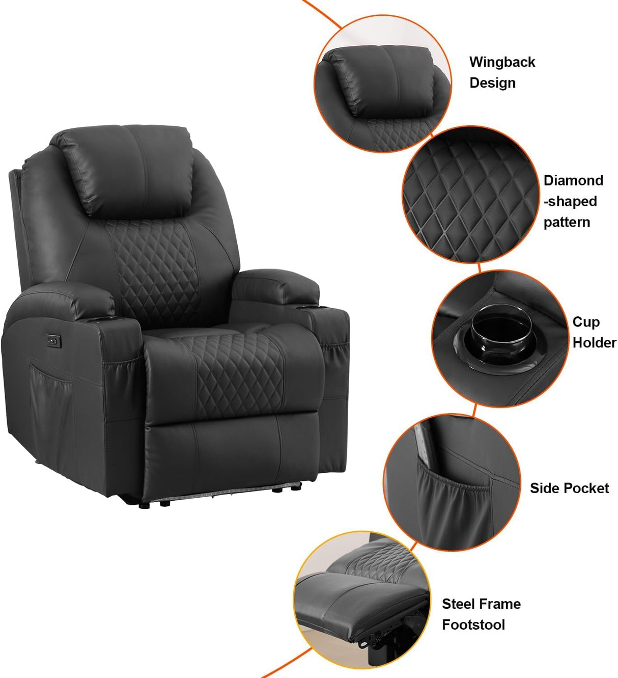 AHMED Power Recliner Chair, Home Theater Seating with LED Ambient Lighting, PU Leather Lazy Sofa Heat Massage Chair with Cup Holders/Side Pockets/USB Ports for Living Room (Black, Single) AHMED