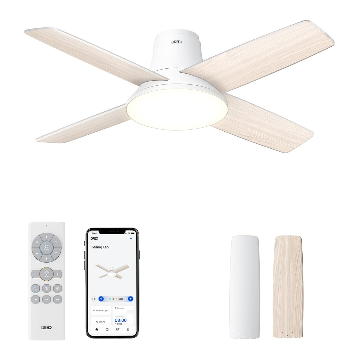 Dreo Ceiling Fans with Lights, 12 Speeds & 3 Fan Modes, Quiet DC Motor, Low Profile Easy to Install, Flush Mount Smart Ceiling Fan with Dimmable LED, 12H Timer for Bedroom, Remote, White, 44'' Dreo