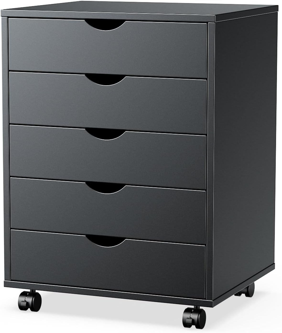 Sweetcrispy 5 Drawer Chest Mobile Storage Cabinets Small Wooden Dresser with Wheels Room Organization Furniture for Office Home, Dark Black Wood Sweetcrispy