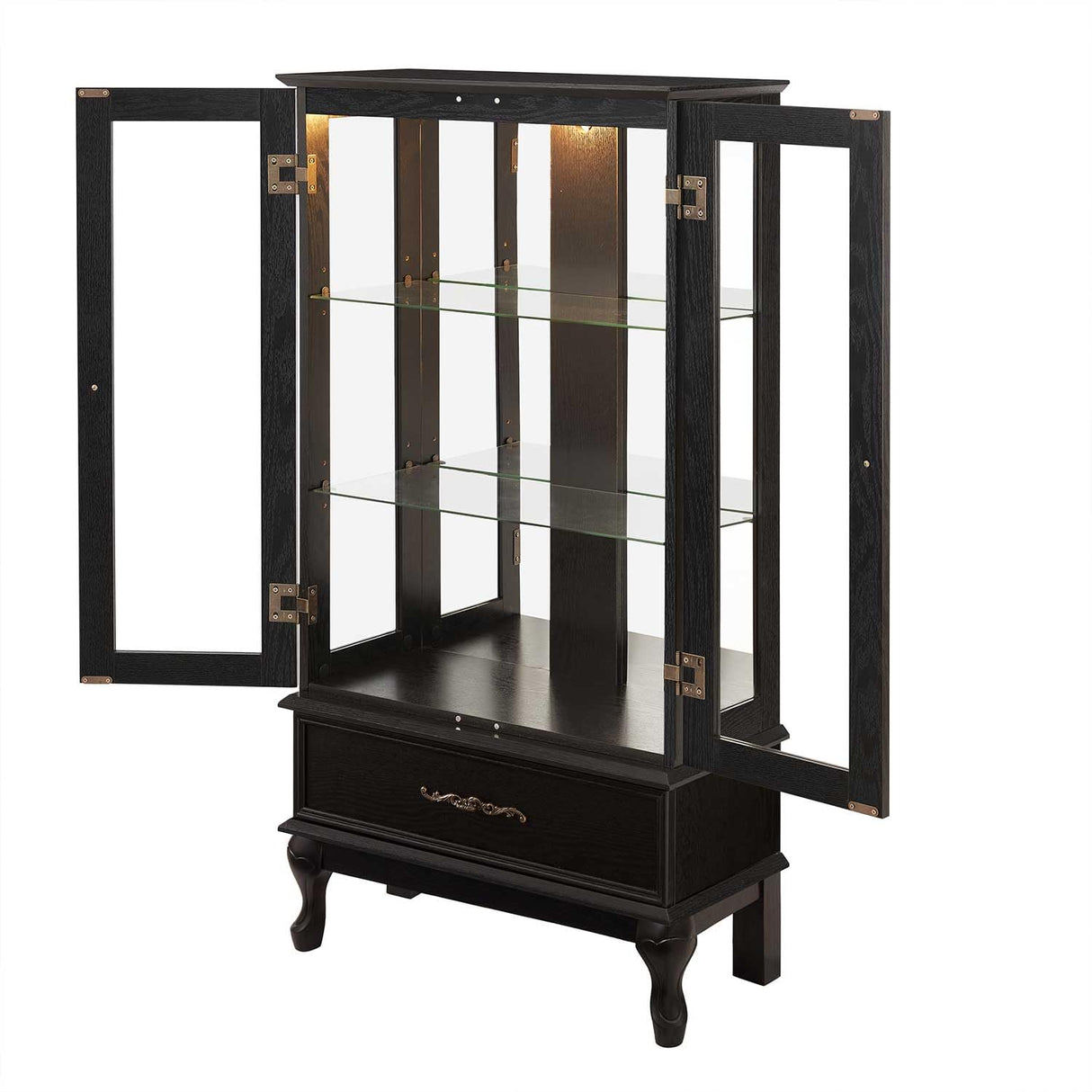 52" H Lighted Curio Cabinet, 3-Tier Glass Display Case with Adjustable Glass Shelves, Vintage China Cabinet with 1 Storage Drawers, Black Display Cabinet for Bedroom Living Room Office SRECELL