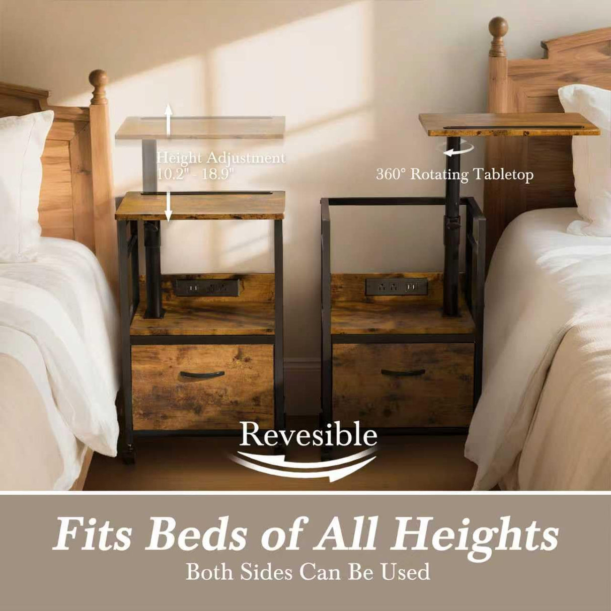 Swivel Lift Top Nightstand with Charging Station, 2-Tier 360° Adjustable Bedside Table, Rolling Night Stand with Wheels, Small End Table with Fabric Drawer, for Bedroom, Living Room, Rustic Brown Faesun