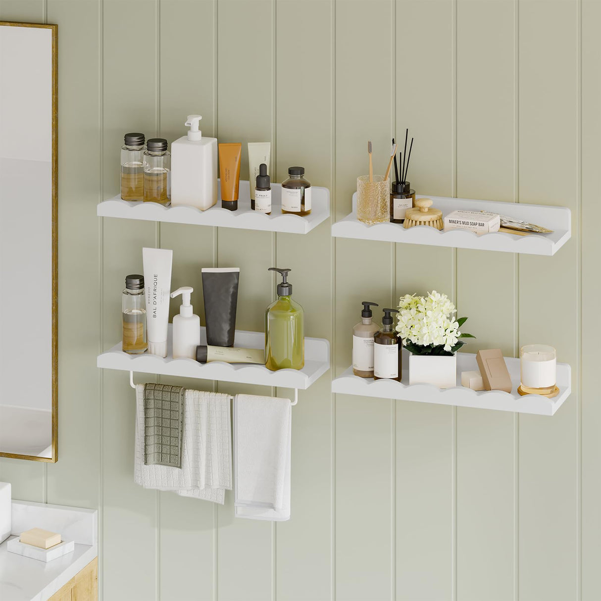 Fixwal Nursery Shelves, 16.5 Inch Floating Bookshelves for Wall Set of 4, Scalloped Wall Book Shelves with Towel Rack for Kids, Toddler Room, Baby Room, Nursery Decor and Storage(White) Fixwal