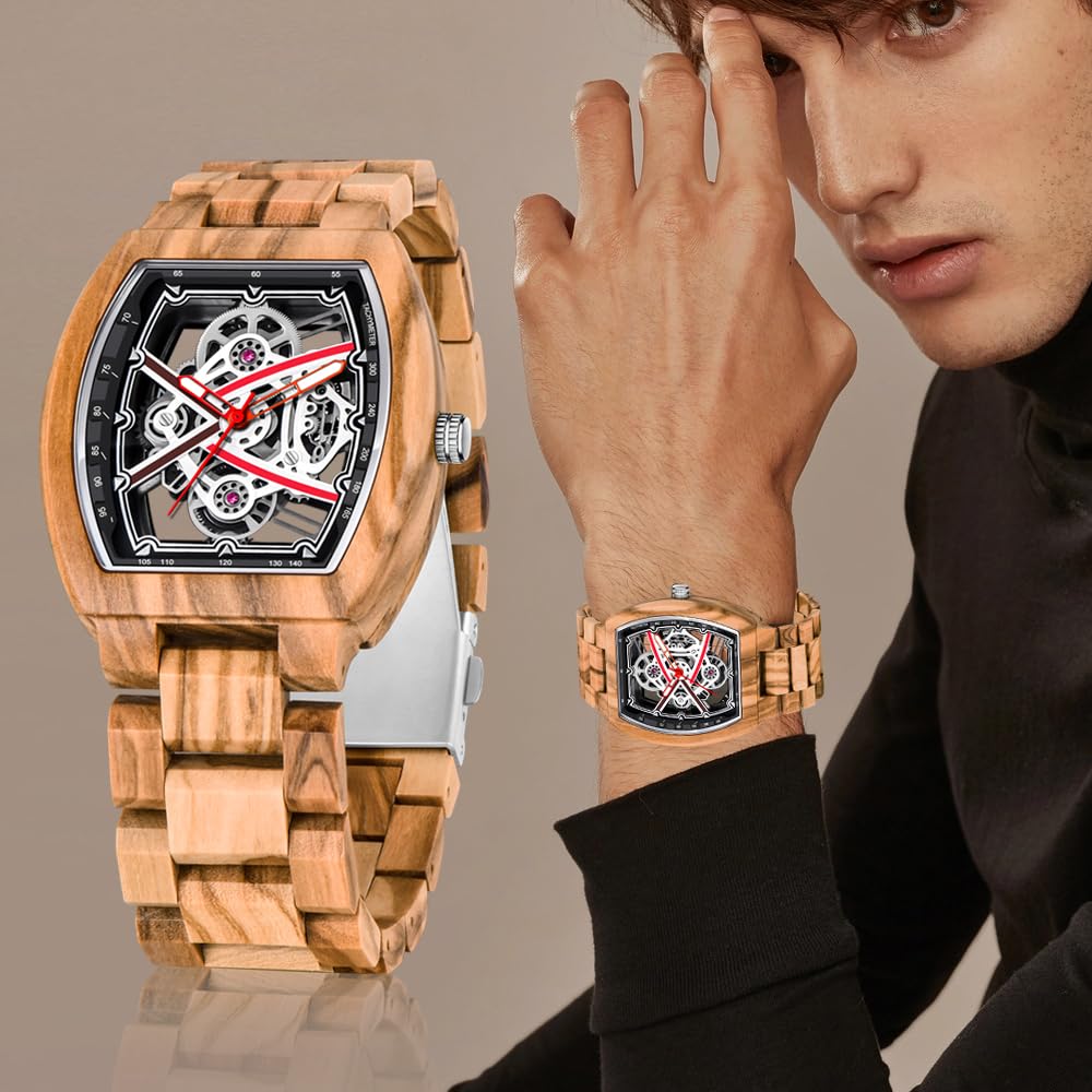Dentily Elegant Mens 40mm Hollow Wooden Case Watch Quartz Analog Wood Watch for Dad,Husband and Boyfriend Dentily