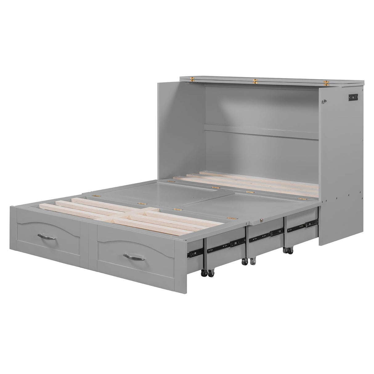 Ball & Cast Murphy Bed Full Size,Cabinet Bed with Drawer and a Set of Sockets,Space Saving Hideaway Wall Bedframe w/USB Ports & Pulley Structure Design,Slat Support,Furniture for Small Space,Gray Ball & Cast