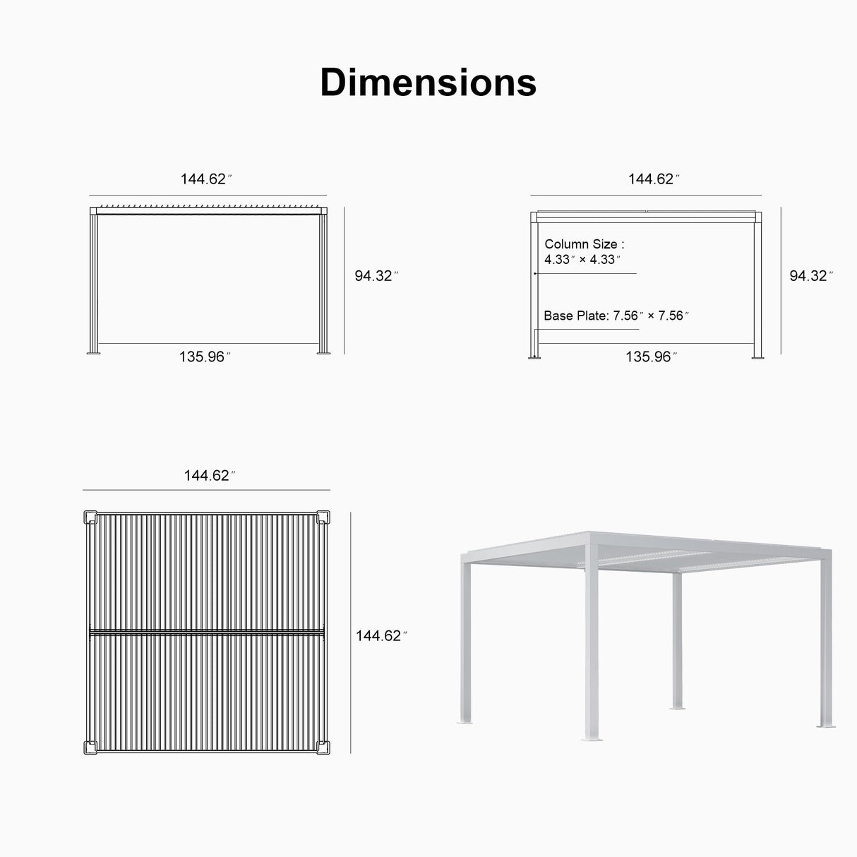 PURPLE LEAF Outdoor Louvered Pergola 12' x 12' White Aluminum Pergola Modern Shade Gazebo with 2 Independently Adjustable Rainproof Hardtop for Patio Garden Yard PURPLE LEAF