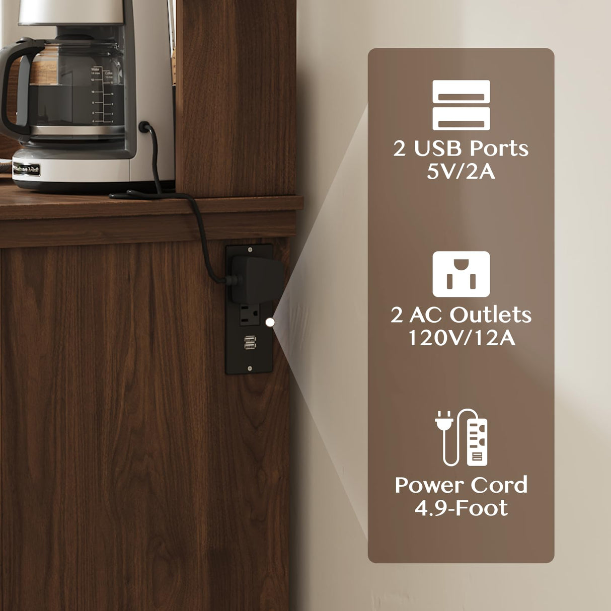 JOINICE Farmhouse Coffee Bar Cabinet with Storage,31.5" Kitchen Cabinet with Hooks and Charging Station,Coffee Station with Adjustable Shelf and Hutch,Sideboard for Living Dining Room JOINICE