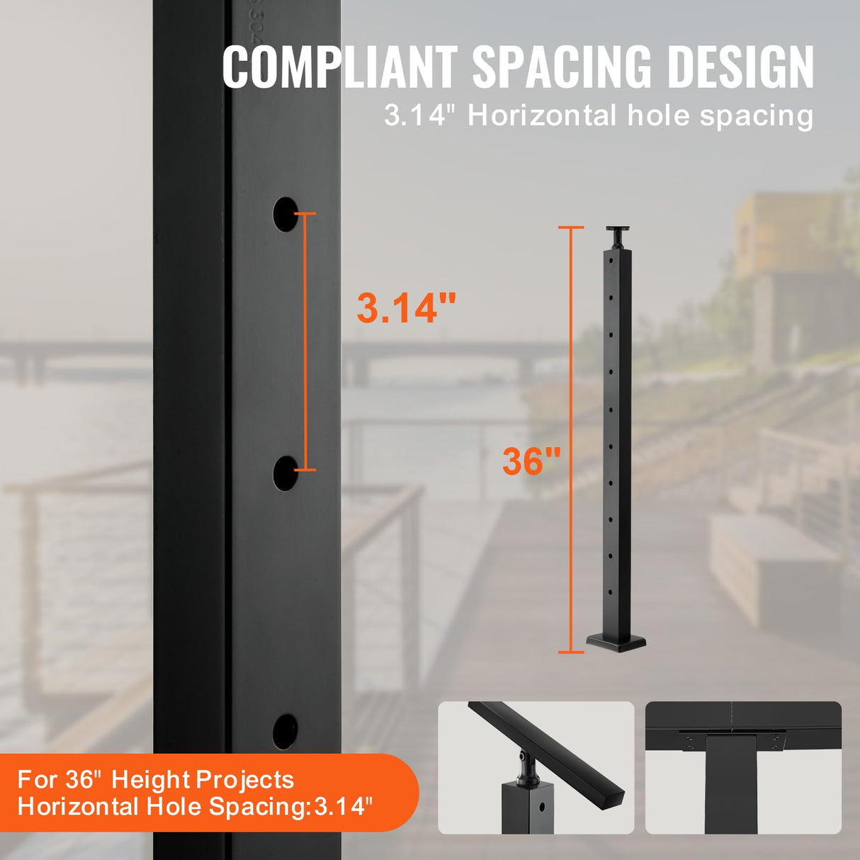 VEVOR 4-Pack Cable Railing Post, 36" x 1" x 2" Steel Horizontal Hole Deck Railing Post, 11 Pre-Drilled Holes, SUS304 Stainless Steel Cable Rail Post with Horizontal and Curved 4JZLGZHS9142C2KYMV0 VEVOR