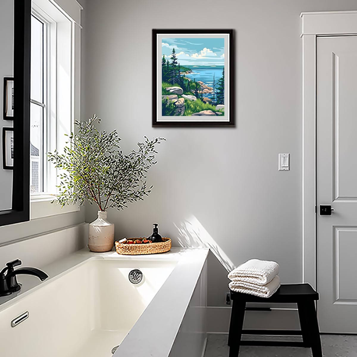 ARNLRDYA Acadia National Park Paint by Numbers for Beginner, Ocean Coastal Paint by Number Kits, Forest Mountain Scenery Acrylic Painting for Gift Home Wall Decor(16×20inches, Unframe) ARNLRDYA