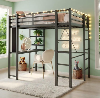 SUNLEI Loft Bed with Desk, Metal Loft Bed Full Size with 2 Built-in Ladders, with Safety Guard,Space-Saving Bed Frame, Noise Free for Small Bedroom, Black (Full Size)