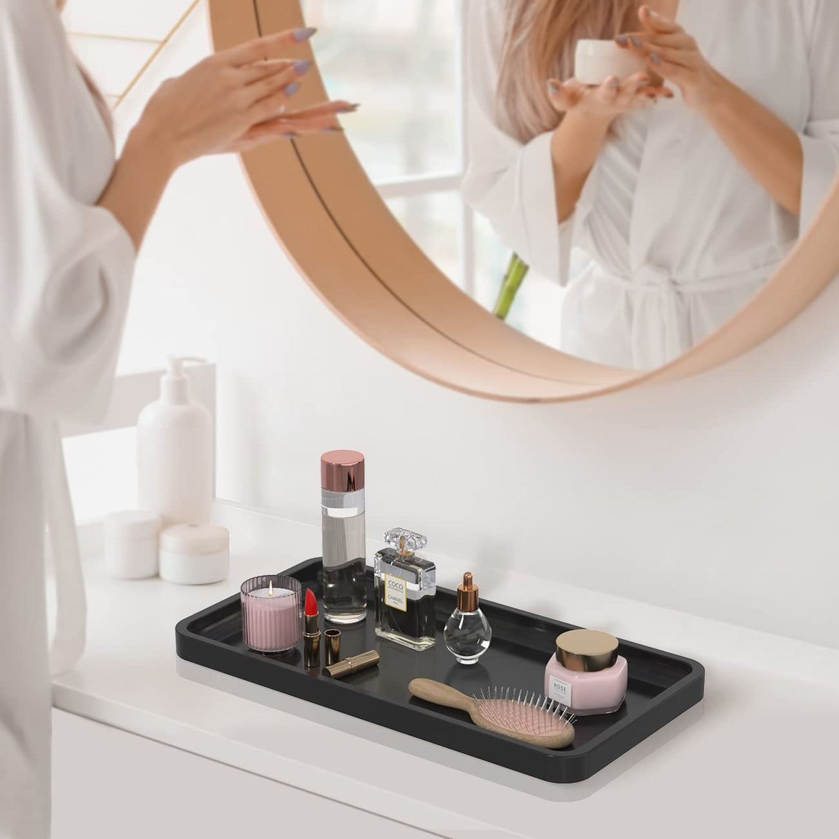 Bathroom Vanity Tray for Countertop - Bamboo Organizer Tray for Dresser Tops, Toilet, Perfume Small Decorative Wood Tray for Home Decoration 11.4” L x 6.1” W x 0.7” H (Black) Weenson