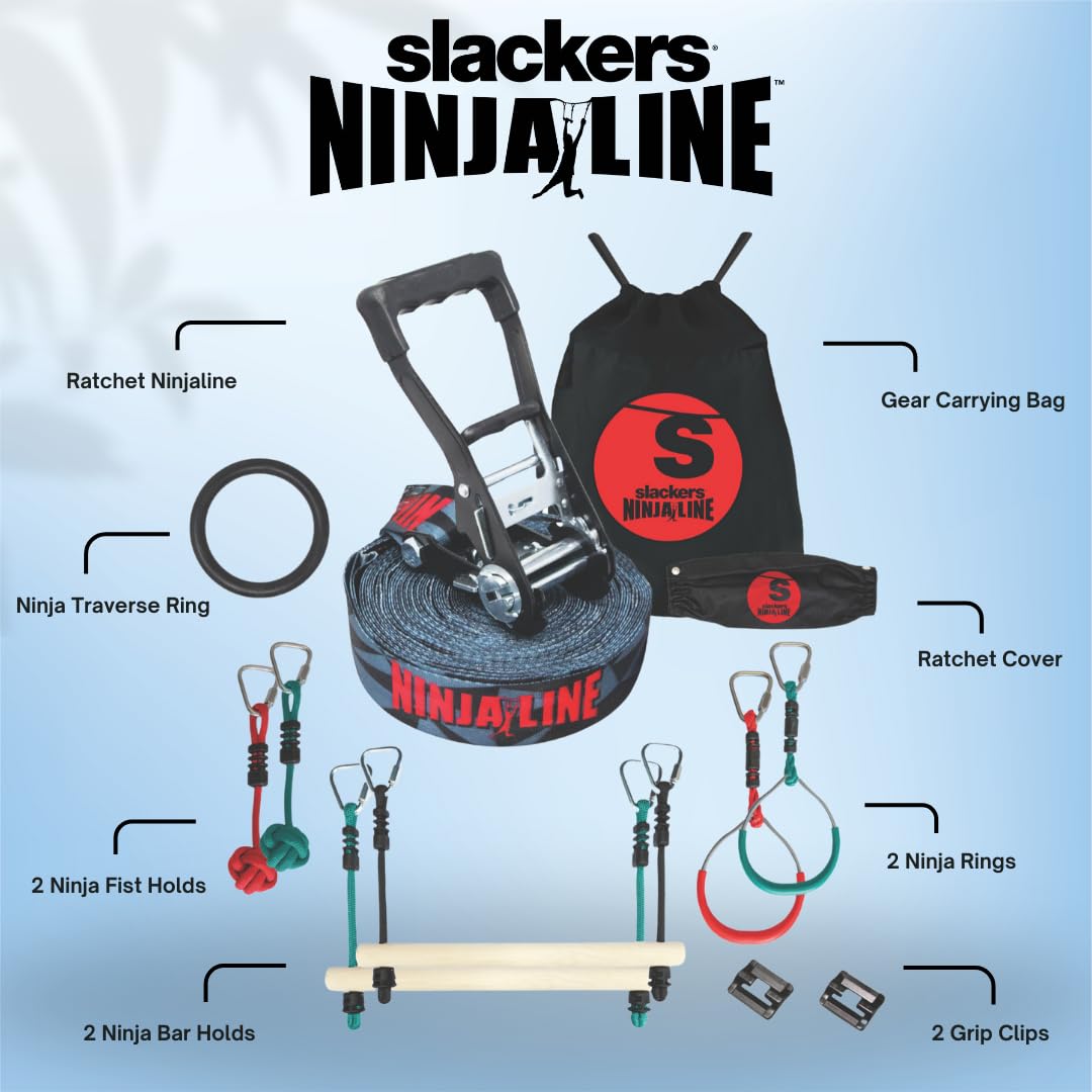 Slackers Ninjaline - 36' Intro Kit - Includes 7 Hanging Attachments - Best Outdoor Ninja Warrior Training Equipment For Kids - Build Your Very Own Backyard Obstacle Course - Rated Ages 5+ Slackers