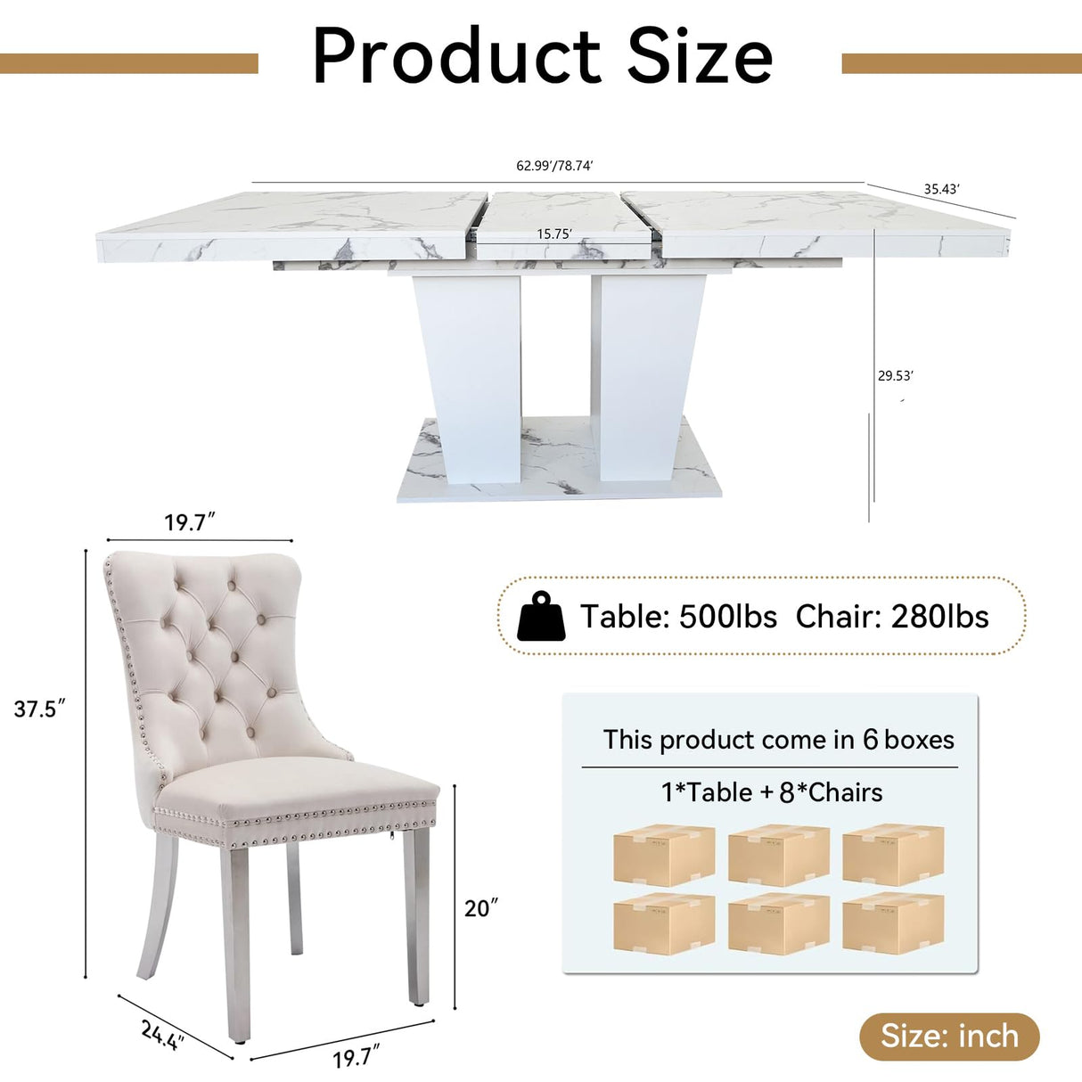 KUVADAZ 63"-78.74" White Faux Marble Extendable Dining Room Table Set for 8, 9-Piece Dining Table Set with 8 Chairs, Rectangle Wooden Expanding Kitchen Table and Beige Upholstered Chairs Set KUVADAZ