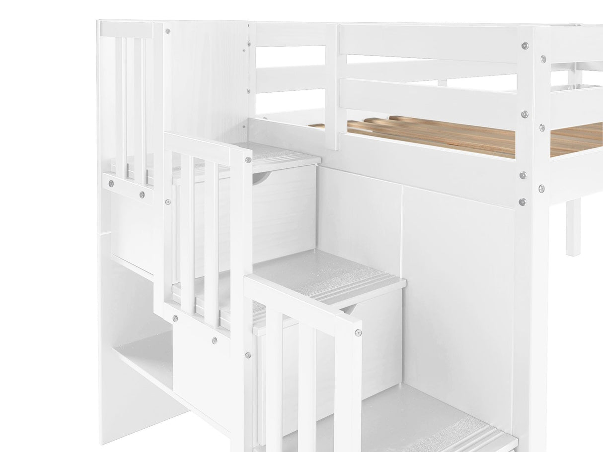 Bedz King Contemporary Low Loft Twin Bed with 3 Step-Stairway, White Bedz King